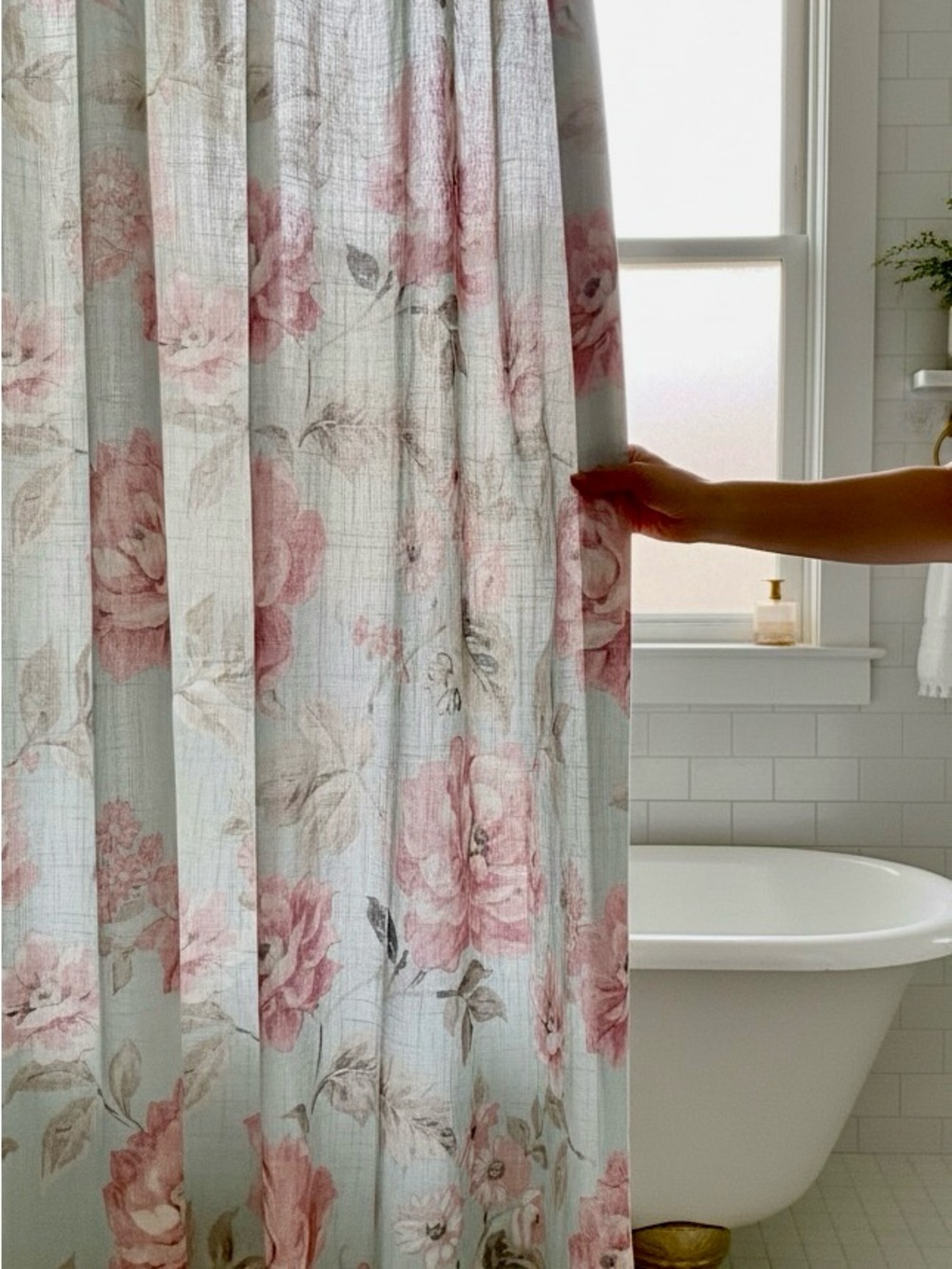 Thalia Sodi Shower Curtain Floral Aqua Pink Linen Look Shabby Chic Cottagecore